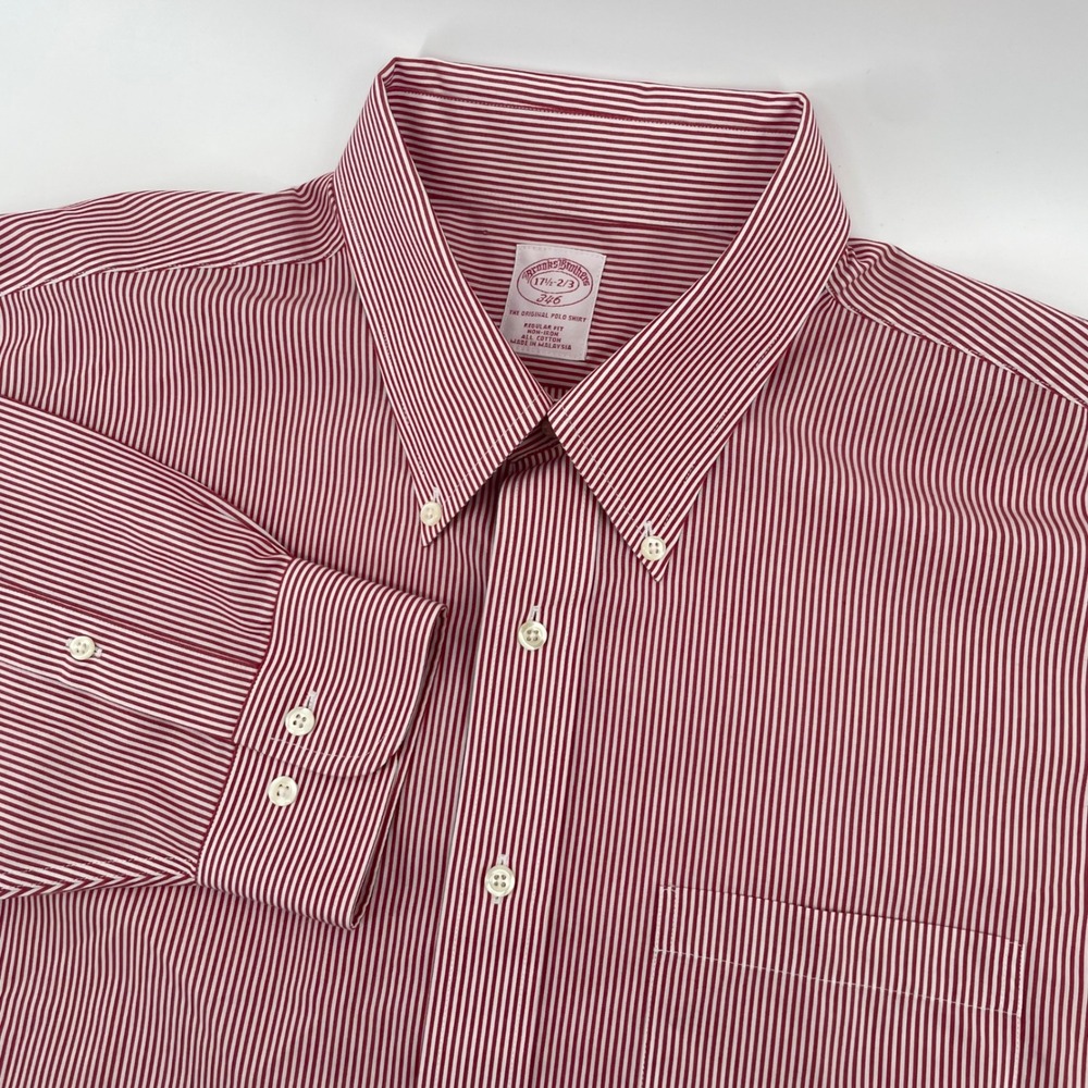 Brooks Brothers Button Down Men 17.5 Red White Striped Cotton Regular Fit Shirt